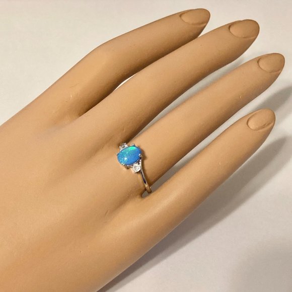 Opal Stone Ring Solitaire Silver Plated Simulated Blue Oval Cut Size 7 8 9 11 - Picture 9 of 11